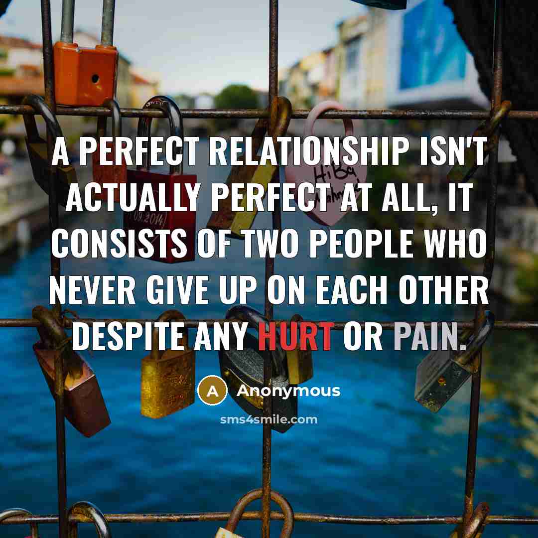 “A perfect relationship isn't actually perfect at all, it consists of two people who never give up on each other despite any hurt or pain.” quote by Anonymous