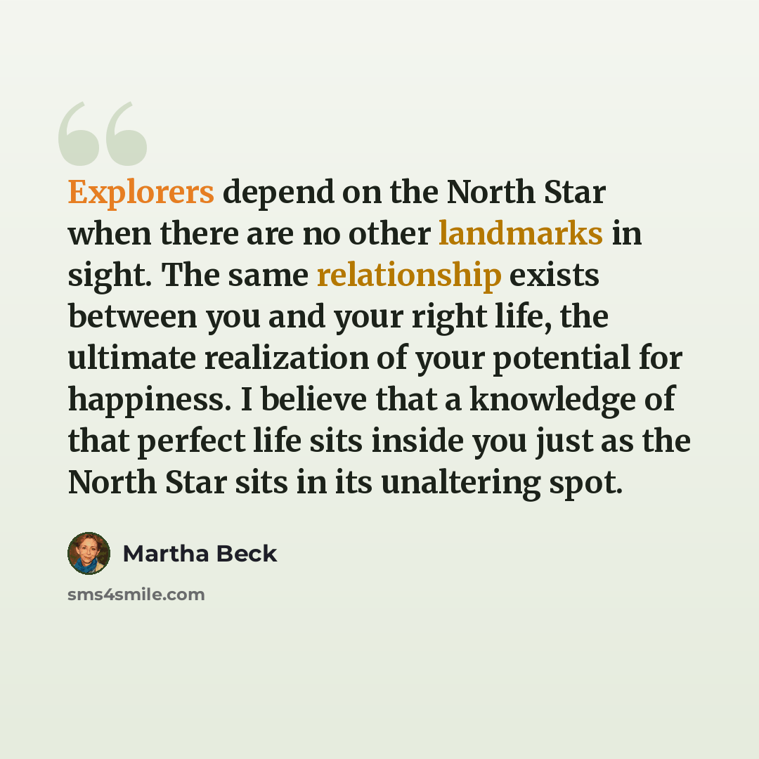 “Explorers depend on the North Star when there are no other landmarks in sight. The same relationship exists between you and your right life, the ultimate realization of your potential for happiness. I believe that a knowledge of that perfect life sits inside you just as the North Star sits in its…” quote by Martha Beck