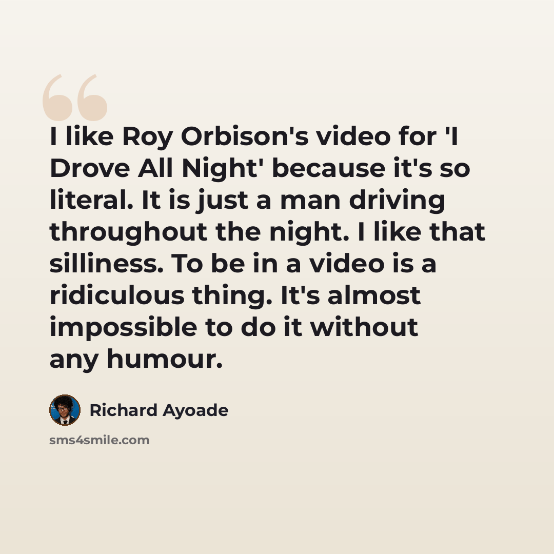 “I like Roy Orbison's video for 'I Drove All Night' because it's so literal. It is just a man driving throughout the night. I like that silliness. To be in a video is a ridiculous thing. It's almost impossible to do it without any humour.” quote by Richard Ayoade