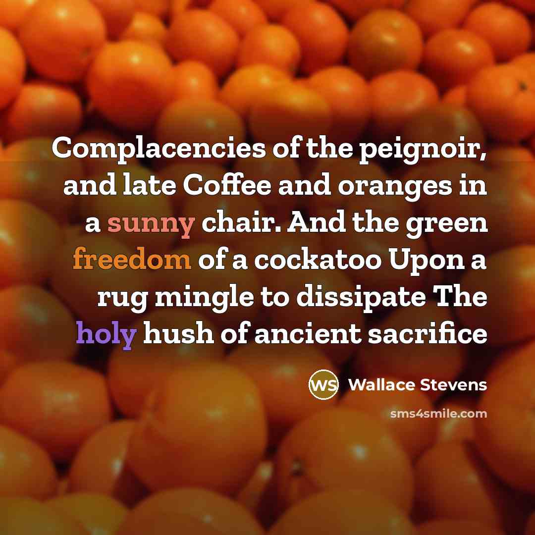 “Complacencies of the peignoir, and late Coffee and oranges in a sunny chair. And the green freedom of a cockatoo Upon a rug mingle to dissipate The holy hush of ancient sacrifice” quote by Wallace Stevens