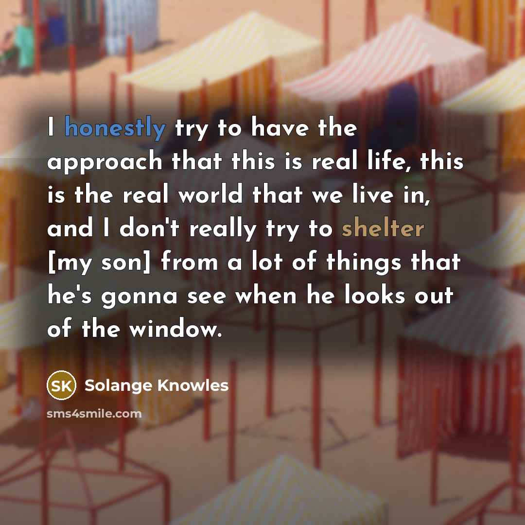 “I honestly try to have the approach that this is real life, this is the real world that we live in, and I don't really try to shelter [my son] from a lot of things that he's gonna see when he looks out of the window.” quote by Solange Knowles