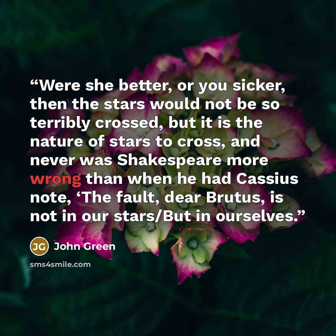 “Were she better, or you sicker, then the stars would not be so terribly crossed, but it is the nature of stars to cross, and never was Shakespeare more wrong than when he had Cassius note, ‘The fault, dear Brutus, is not in our stars/But in ourselves.” quote by John Green
