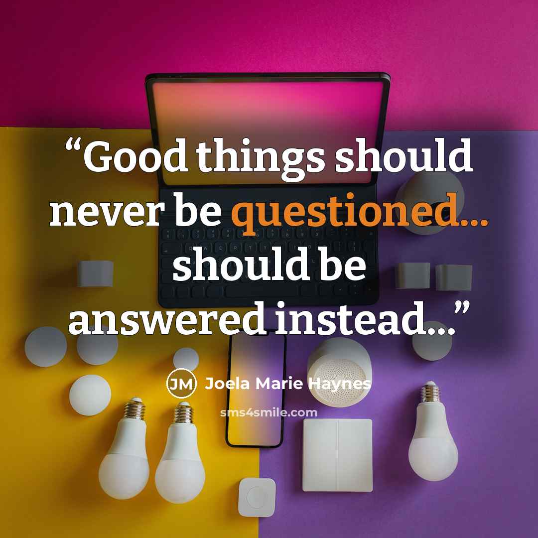 “Good things should never be questioned... should be answered instead...” quote by Joela Marie Haynes