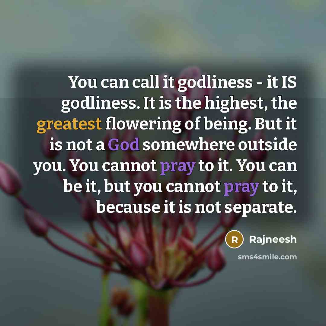 “You can call it godliness - it IS godliness. It is the highest, the greatest flowering of being. But it is not a God somewhere outside you. You cannot pray to it. You can be it, but you cannot pray to it, because it is not separate.” quote by Rajneesh