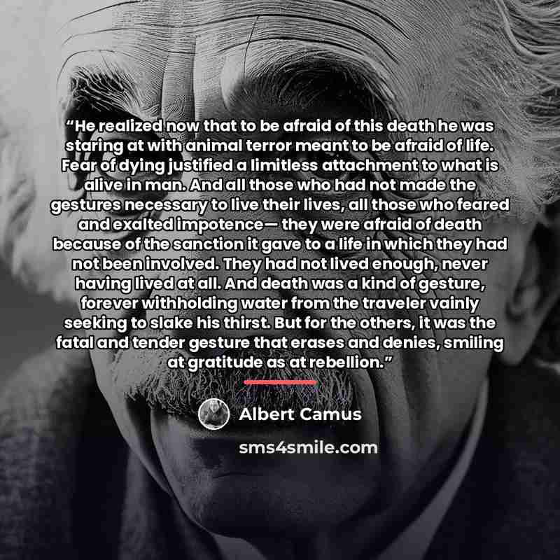 “He realized now that to be afraid of this death he was staring at with animal terror meant to be afraid of life. Fear of dying justified a limitless attachment to what is alive in man. And all those who had not made the gestures necessary to live their lives, all those who feared and exalted…” quote by Albert Camus