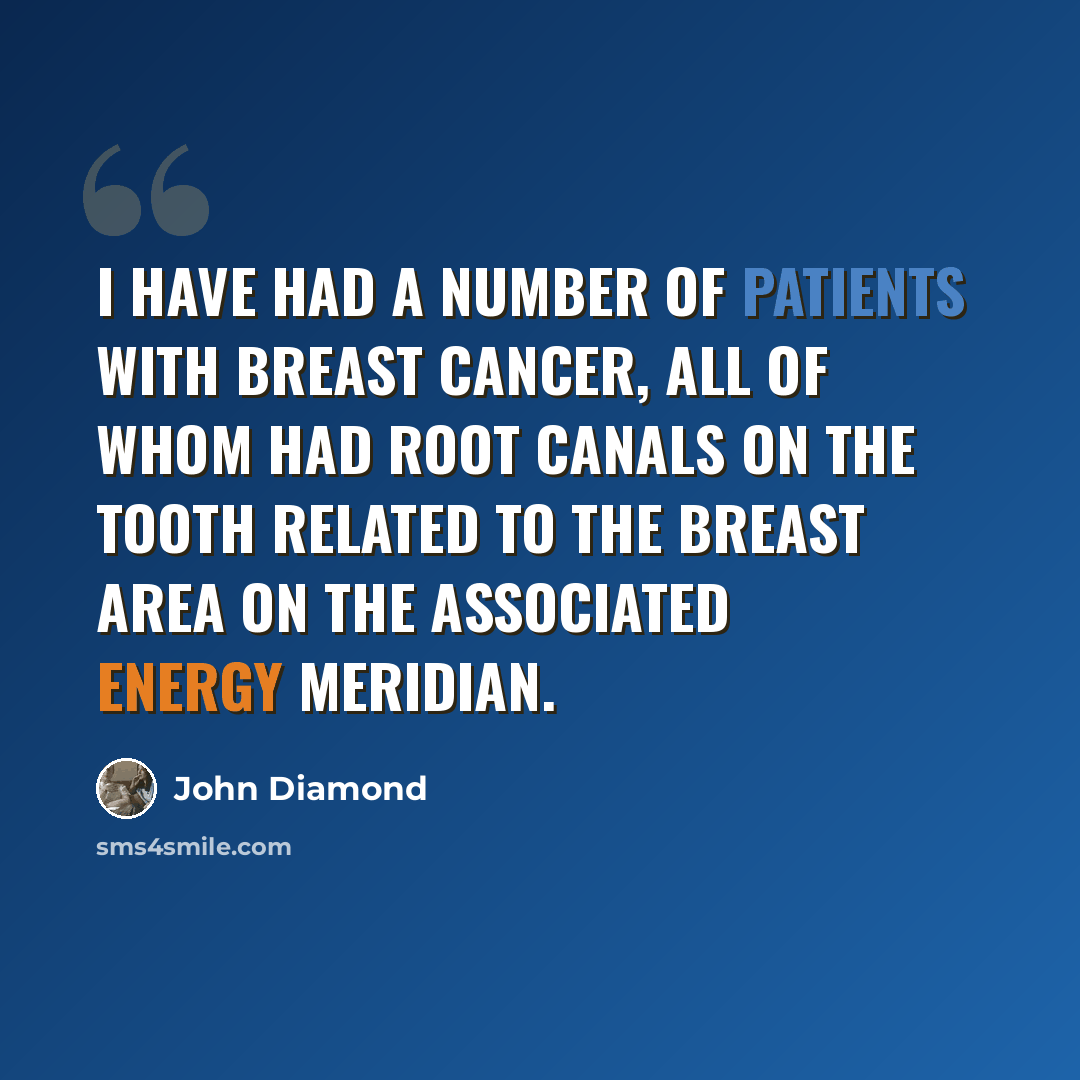 “I have had a number of patients with breast cancer, all of whom had root canals on the tooth related to the breast area on the associated energy meridian.” quote by John Diamond