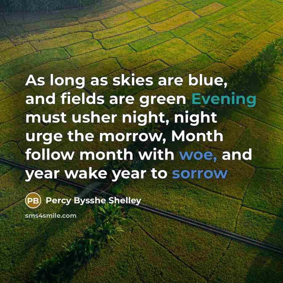 “As long as skies are blue, and fields are green Evening must usher night, night urge the morrow, Month follow month with woe, and year wake year to sorrow” quote by Percy Bysshe Shelley