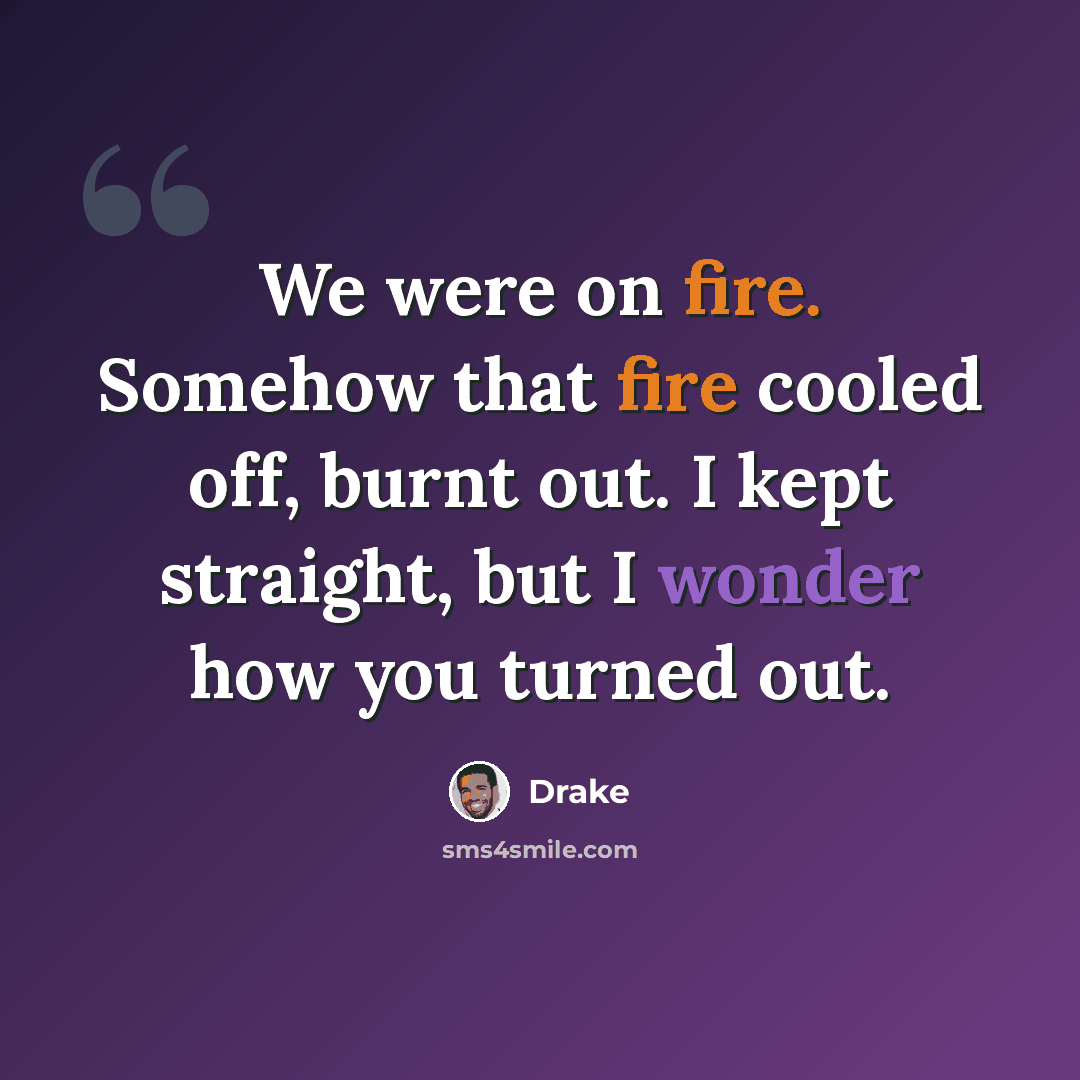 “We were on fire. Somehow that fire cooled off, burnt out. I kept straight, but I wonder how you turned out.” quote by Drake