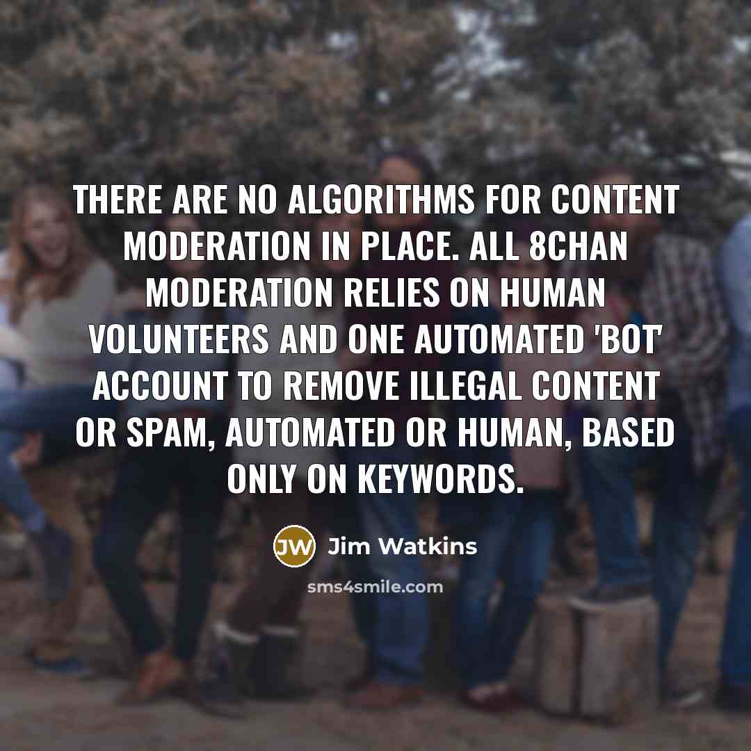 “There are no algorithms for content moderation in place. All 8chan moderation relies on human volunteers and one automated 'bot' account to remove illegal content or spam, automated or human, based only on keywords.” quote by Jim Watkins