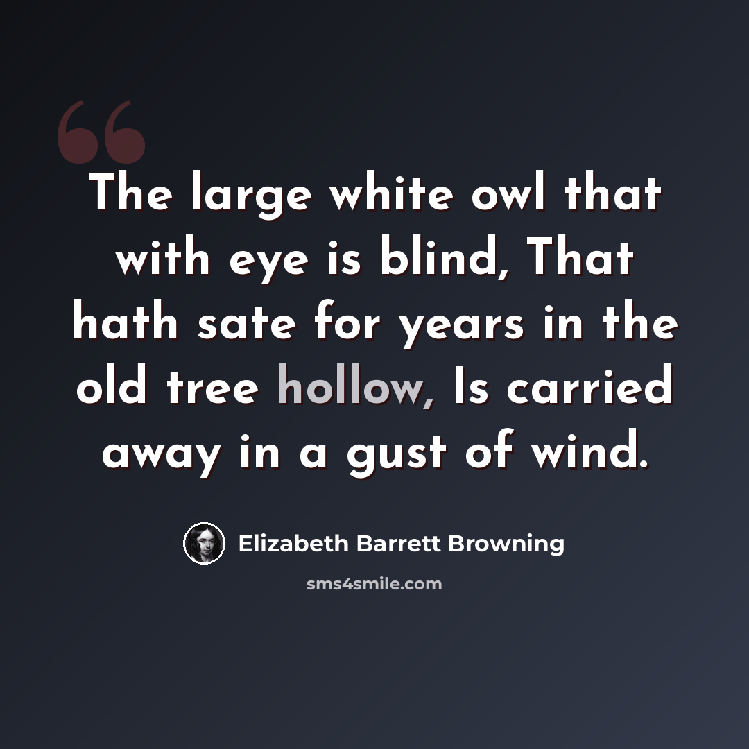“The large white owl that with eye is blind, That hath sate for years in the old tree hollow, Is carried away in a gust of wind.” quote by Elizabeth Barrett Browning