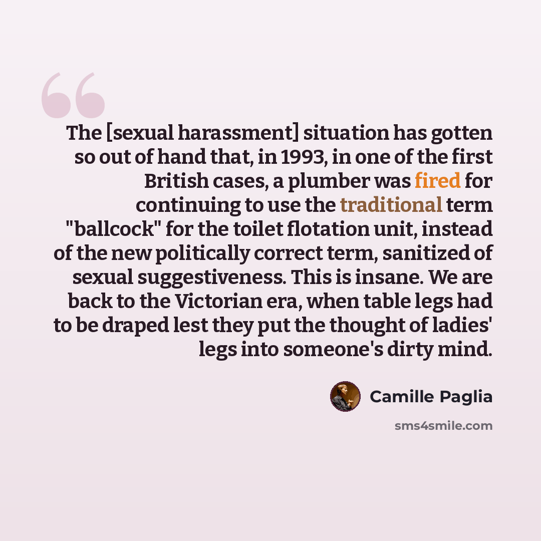 “The [sexual harassment] situation has gotten so out of hand that, in 1993, in one of the first British cases, a plumber was fired for continuing to use the traditional term "ballcock" for the toilet flotation unit, instead of the new politically correct term, sanitized of sexual suggestiveness…” quote by Camille Paglia
