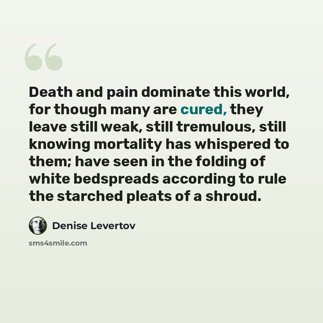 “Death and pain dominate this world, for though many are cured, they leave still weak, still tremulous, still knowing mortality has whispered to them; have seen in the folding of white bedspreads according to rule the starched pleats of a shroud.” quote by Denise Levertov