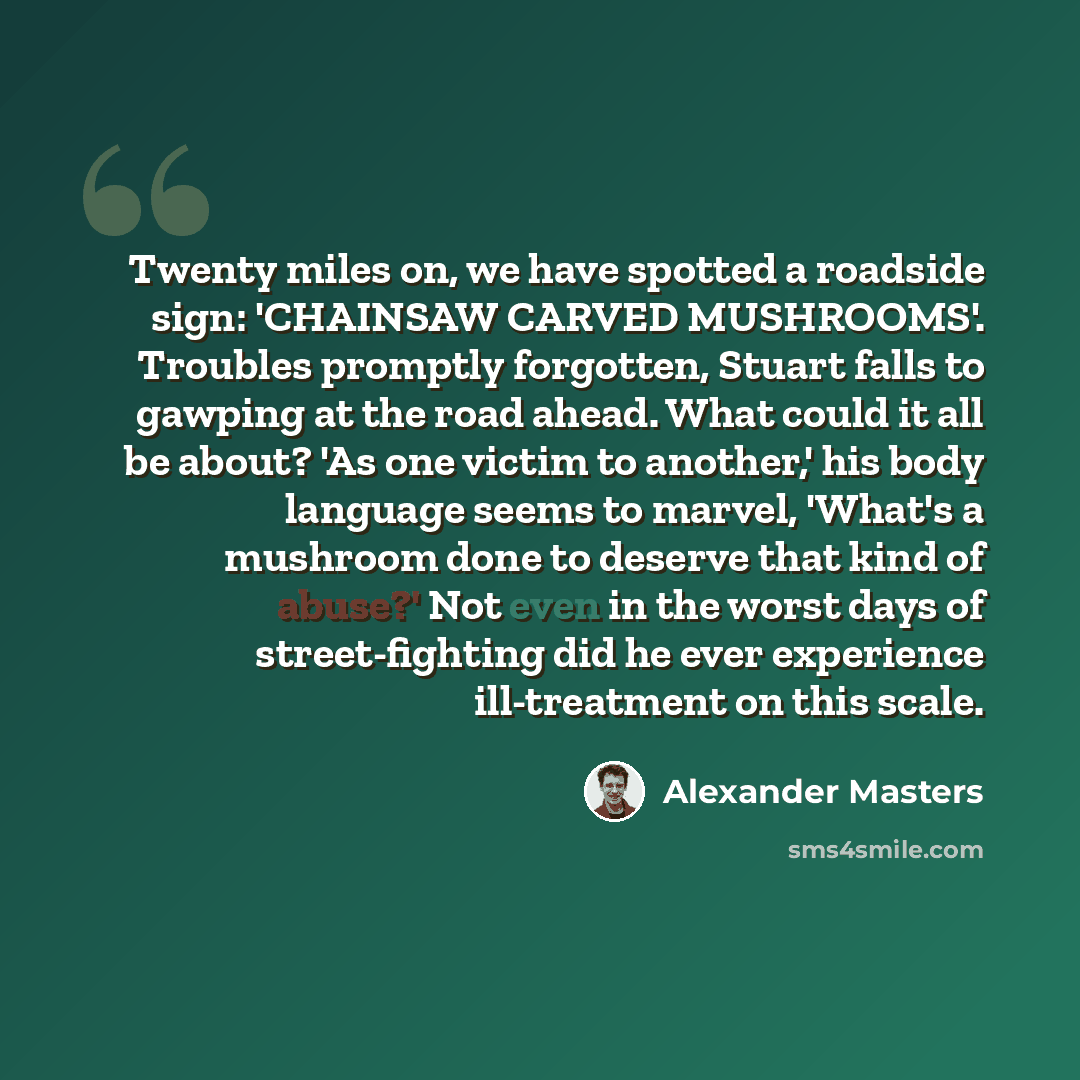 “Twenty miles on, we have spotted a roadside sign: 'CHAINSAW CARVED MUSHROOMS'. Troubles promptly forgotten, Stuart falls to gawping at the road ahead. What could it all be about? 'As one victim to another,' his body language seems to marvel, 'What's a mushroom done to deserve that kind of abuse?'…” quote by Alexander Masters