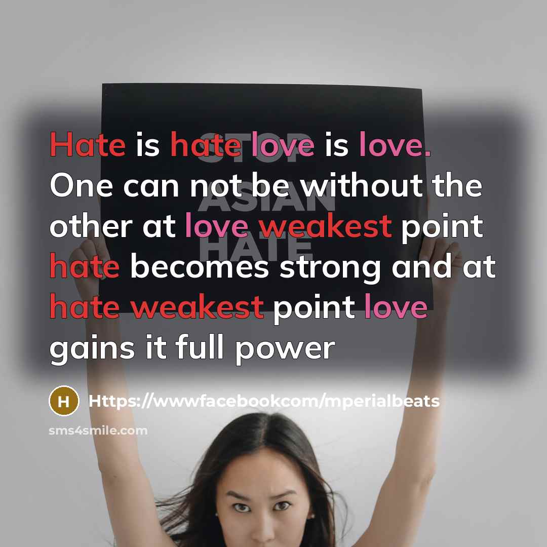 “Hate is hate love is love. One can not be without the other at love weakest point hate becomes strong and at hate weakest point love gains it full power” quote by Https://wwwfacebookcom/mperialbeats