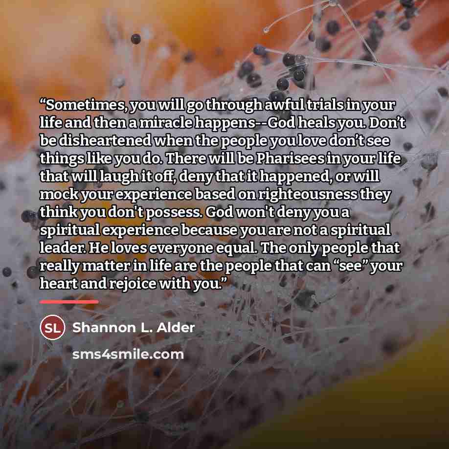 “Sometimes, you will go through awful trials in your life and then a miracle happens--God heals you. Don’t be disheartened when the people you love don’t see things like you do. There will be Pharisees in your life that will laugh it off, deny that it happened, or will mock your experience based on…” quote by Shannon L. Alder