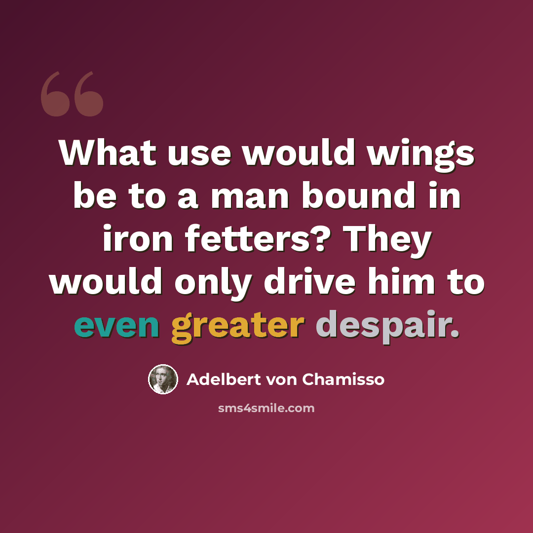 “What use would wings be to a man bound in iron fetters? They would only drive him to even greater despair.” quote by Adelbert von Chamisso