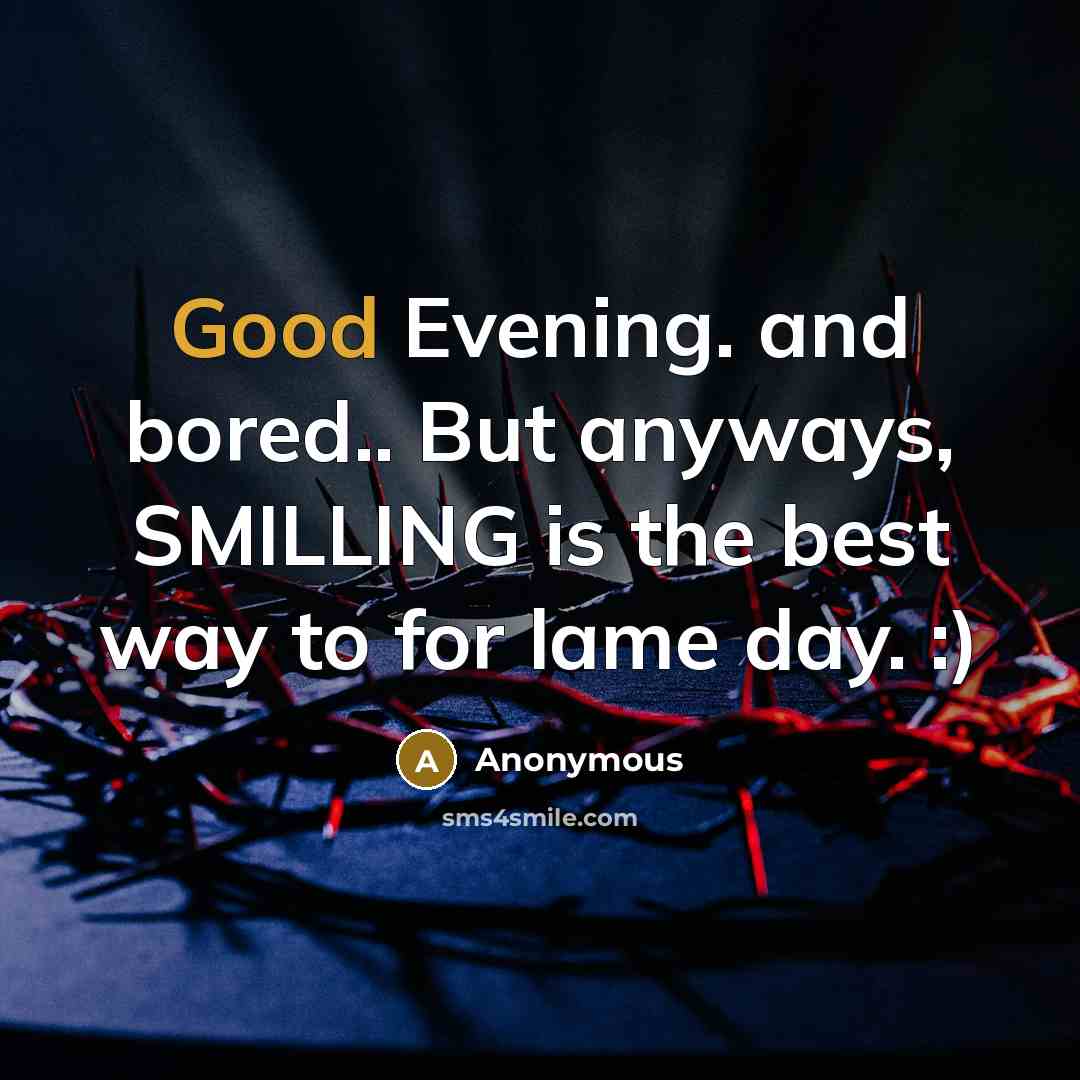 “Good Evening. and bored.. But anyways, SMILLING is the best way to for lame day. :)” quote by Anonymous