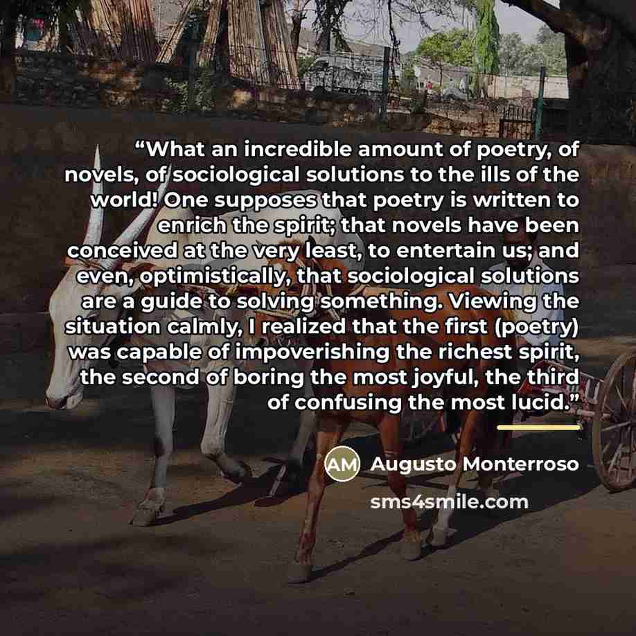 “What an incredible amount of poetry, of novels, of sociological solutions to the ills of the world! One supposes that poetry is written to enrich the spirit; that novels have been conceived at the very least, to entertain us; and even, optimistically, that sociological solutions are a guide to…” quote by Augusto Monterroso