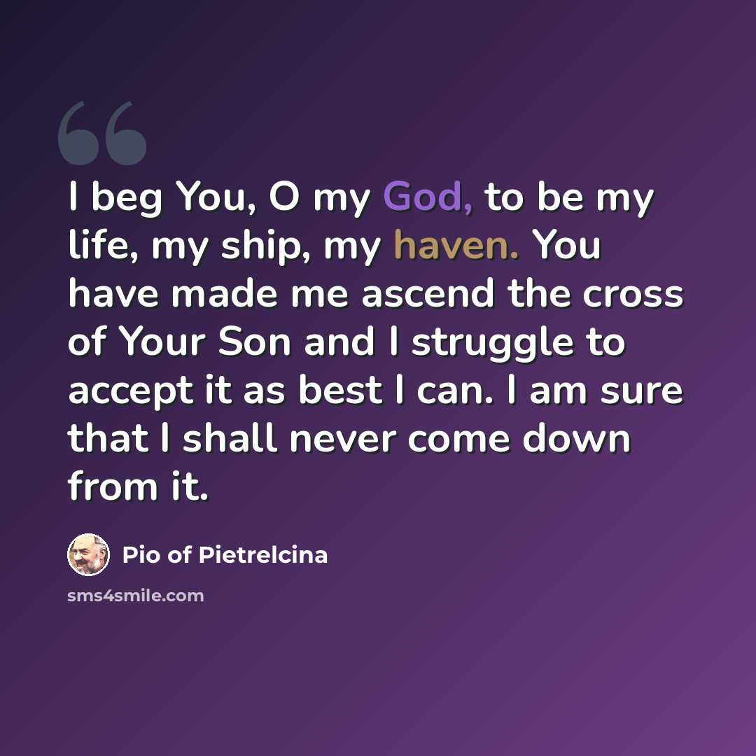 “I beg You, O my God, to be my life, my ship, my haven. You have made me ascend the cross of Your Son and I struggle to accept it as best I can. I am sure that I shall never come down from it.” quote by Pio of Pietrelcina