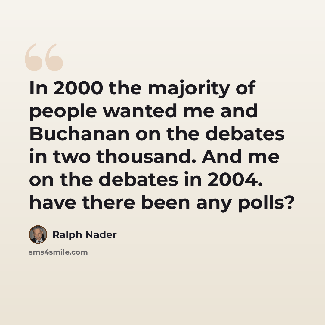 “In 2000 the majority of people wanted me and Buchanan on the debates in two thousand. And me on the debates in 2004. have there been any polls?” quote by Ralph Nader