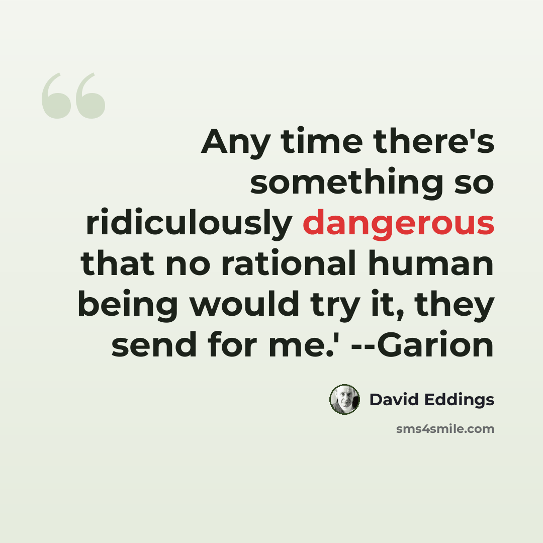 “Any time there's something so ridiculously dangerous that no rational human being would try it, they send for me.' --Garion” quote by David Eddings