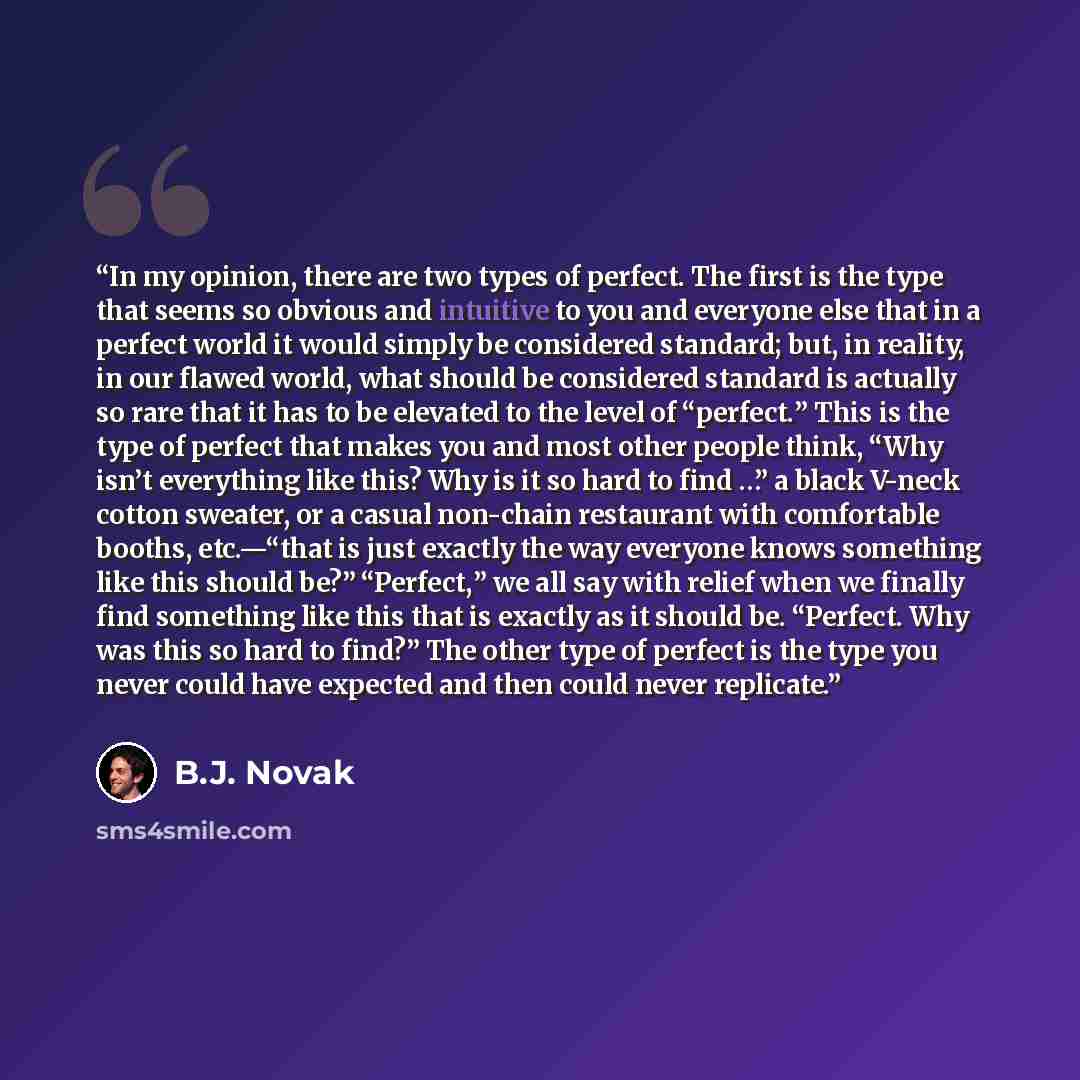 “In my opinion, there are two types of perfect. The first is the type that seems so obvious and intuitive to you and everyone else that in a perfect world it would simply be considered standard; but, in reality, in our flawed world, what should be considered standard is actually so rare that it has…” quote by B.J. Novak