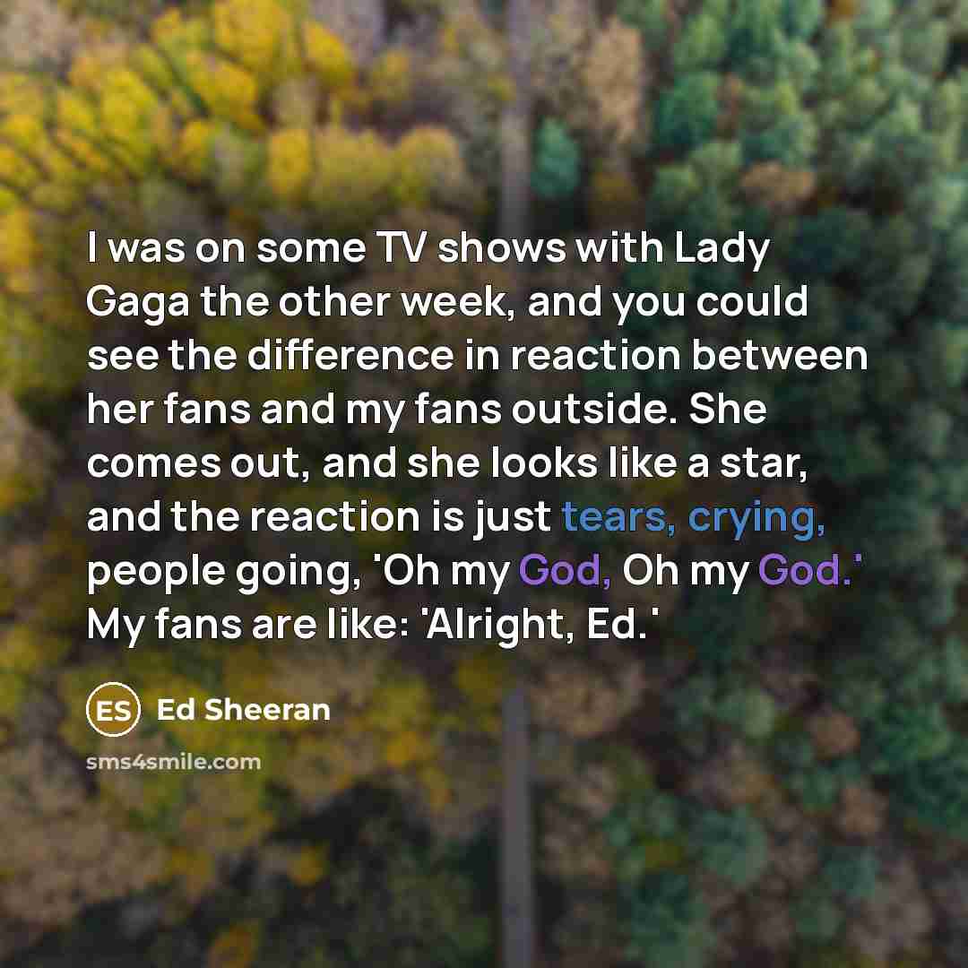 “I was on some TV shows with Lady Gaga the other week, and you could see the difference in reaction between her fans and my fans outside. She comes out, and she looks like a star, and the reaction is just tears, crying, people going, 'Oh my God, Oh my God.' My fans are like: 'Alright, Ed.'” quote by Ed Sheeran