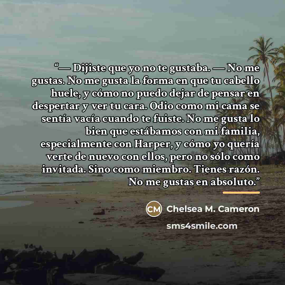 “— Dijiste que yo no te gustaba. — No me gustas. No me gusta la forma en que tu cabello huele, y cómo no puedo dejar de pensar en despertar y ver tu cara. Odio como mi cama se sentía vacía cuando te fuiste. No me gusta lo bien que estábamos con mi familia, especialmente con Harper, y cómo yo quería…” quote by Chelsea M. Cameron