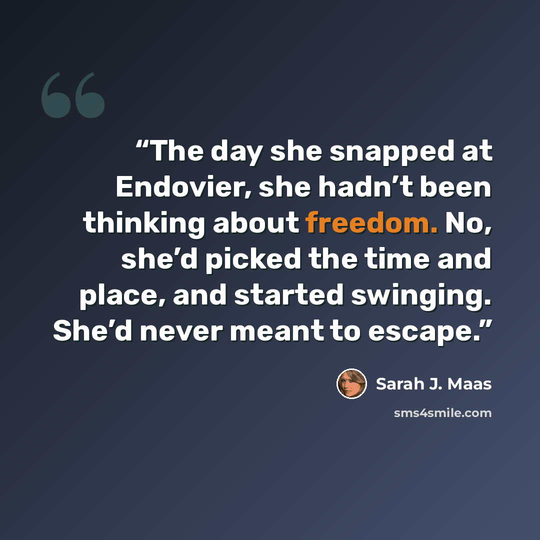 “The day she snapped at Endovier, she hadn’t been thinking about freedom. No, she’d picked the time and place, and started swinging. She’d never meant to escape.” quote by Sarah J. Maas