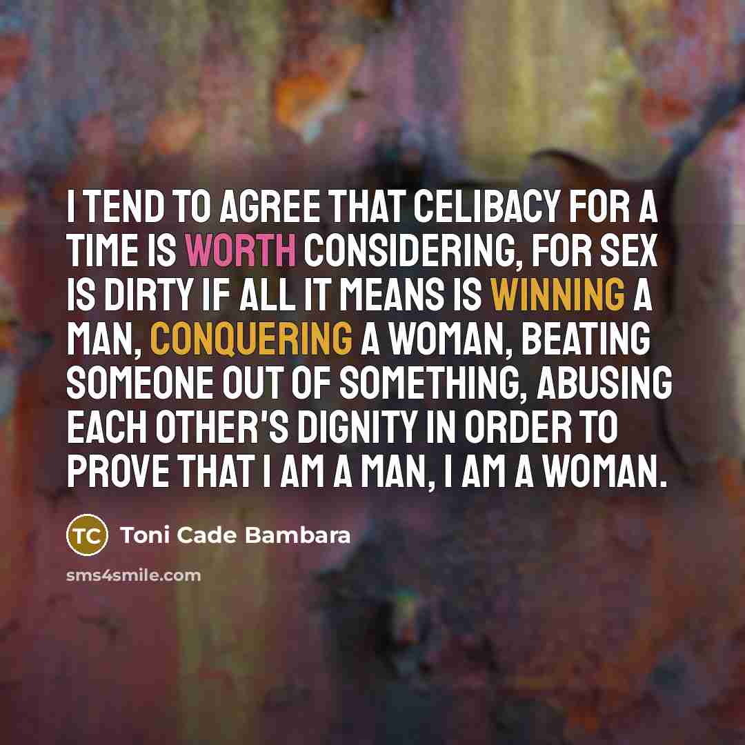 “I tend to agree that celibacy for a time is worth considering, for sex is dirty if all it means is winning a man, conquering a woman, beating someone out of something, abusing each other's dignity in order to prove that I am a man, I am a woman.” quote by Toni Cade Bambara