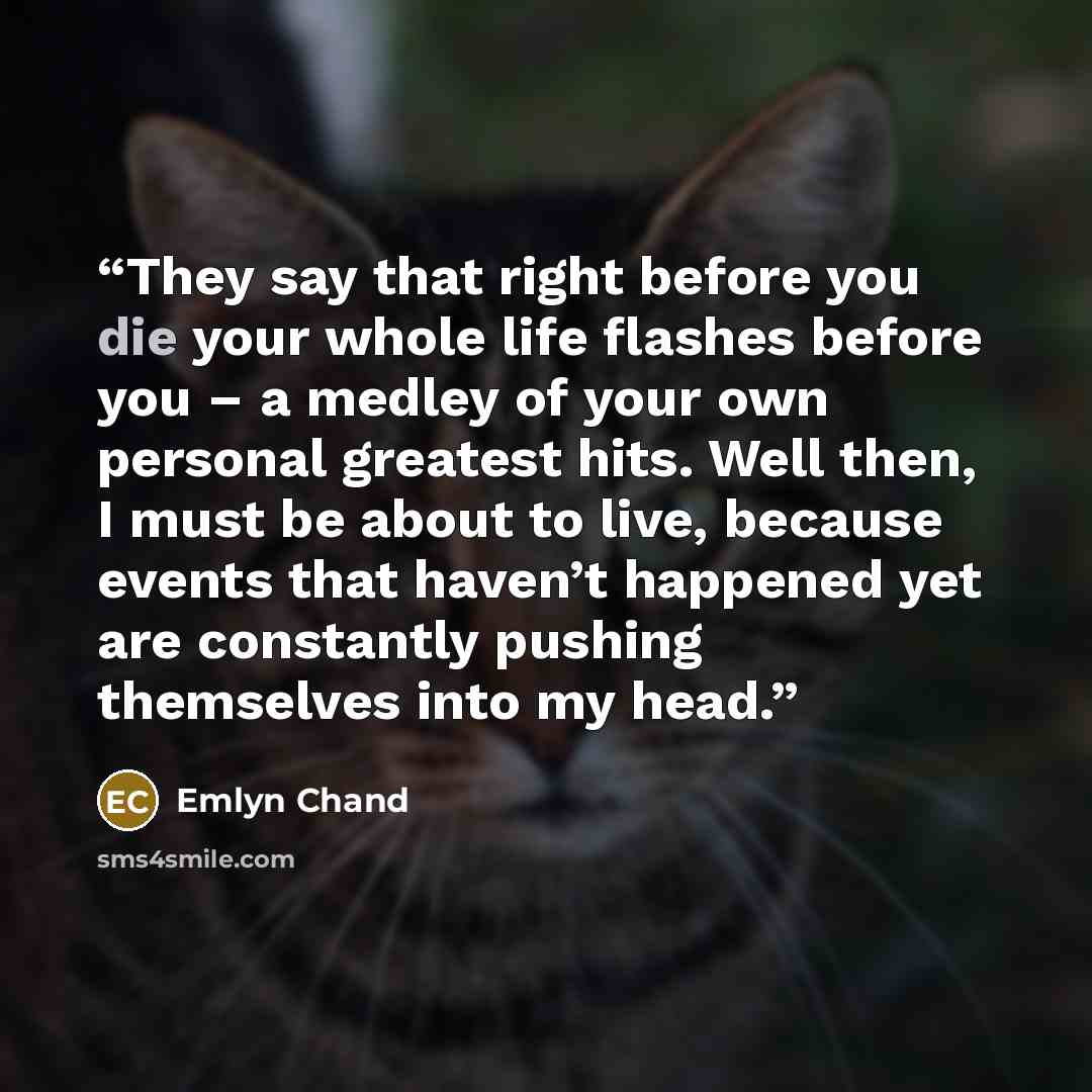 “They say that right before you die your whole life flashes before you – a medley of your own personal greatest hits. Well then, I must be about to live, because events that haven’t happened yet are constantly pushing themselves into my head.” quote by Emlyn Chand