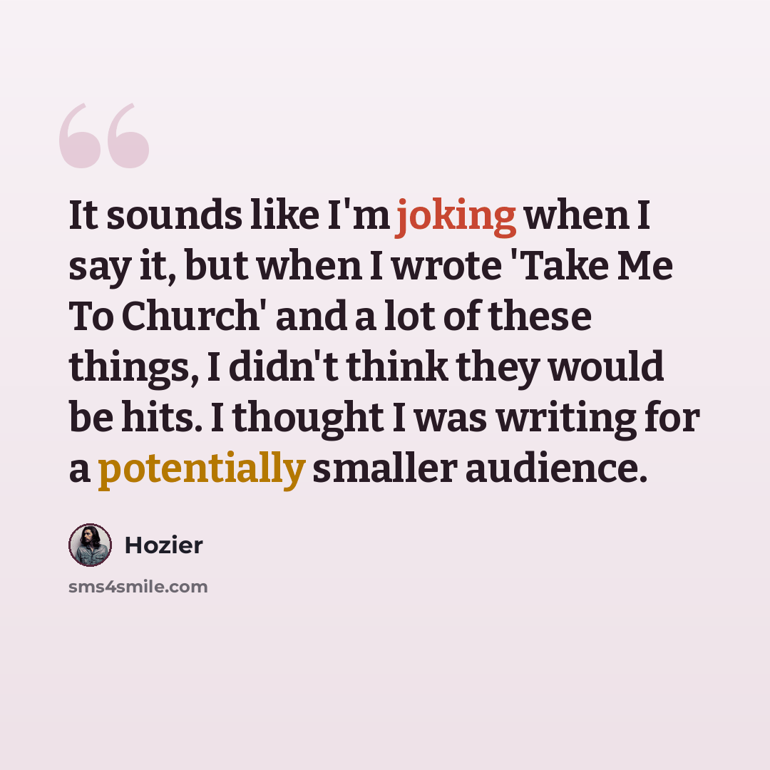 “It sounds like I'm joking when I say it, but when I wrote 'Take Me To Church' and a lot of these things, I didn't think they would be hits. I thought I was writing for a potentially smaller audience.” quote by Hozier