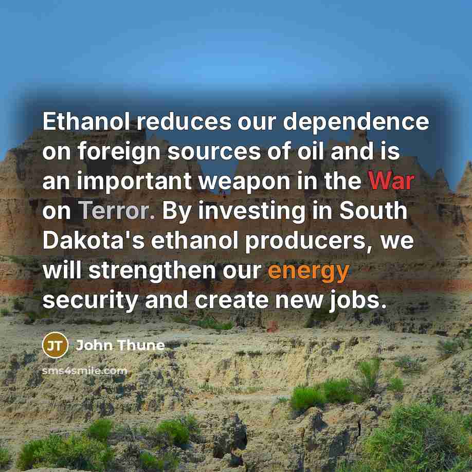 “Ethanol reduces our dependence on foreign sources of oil and is an important weapon in the War on Terror. By investing in South Dakota's ethanol producers, we will strengthen our energy security and create new jobs.” quote by John Thune