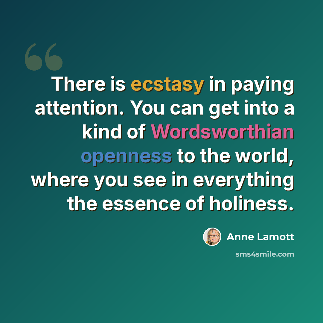 “There is ecstasy in paying attention. You can get into a kind of Wordsworthian openness to the world, where you see in everything the essence of holiness.” quote by Anne Lamott