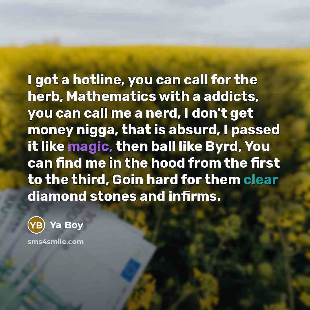 “I got a hotline, you can call for the herb, Mathematics with a addicts, you can call me a nerd, I don't get money nigga, that is absurd, I passed it like magic, then ball like Byrd, You can find me in the hood from the first to the third, Goin hard for them clear diamond stones and infirms.” quote by Ya Boy