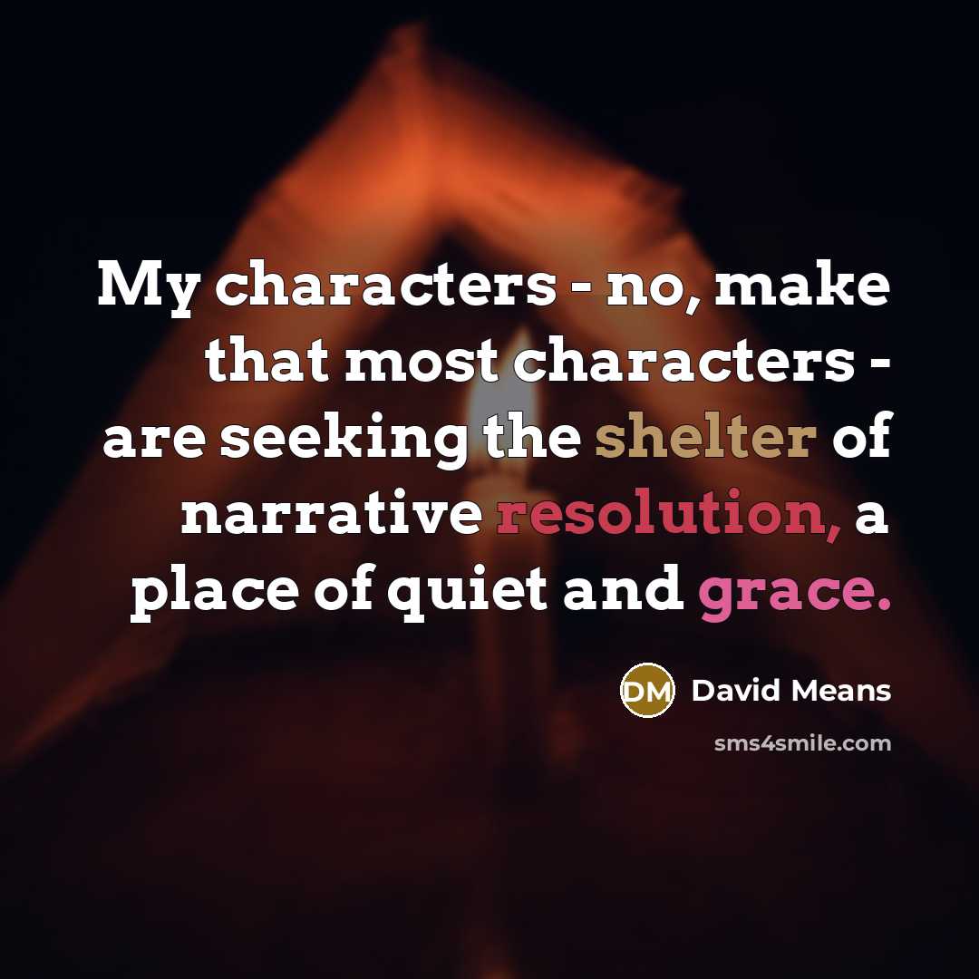 “My characters - no, make that most characters - are seeking the shelter of narrative resolution, a place of quiet and grace.” quote by David Means