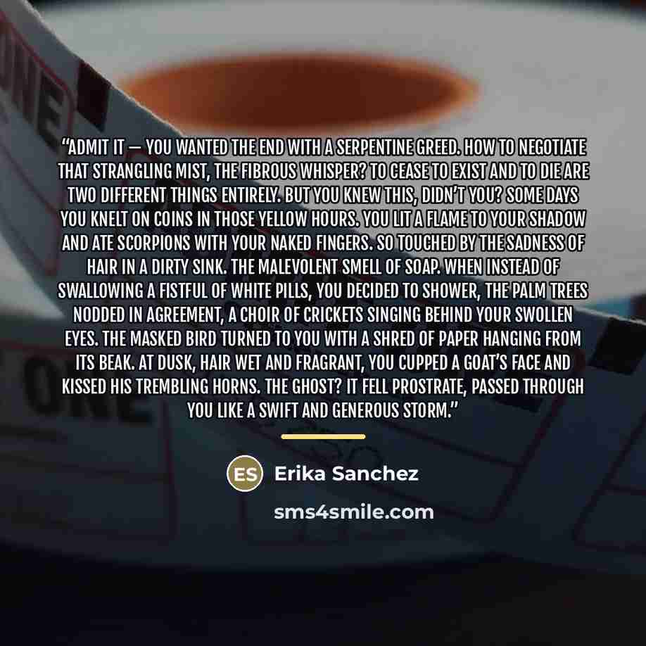 “Admit it — you wanted the end with a serpentine greed. How to negotiate that strangling mist, the fibrous whisper? To cease to exist and to die are two different things entirely. But you knew this, didn’t you? Some days you knelt on coins in those yellow hours. You lit a flame to your shadow and…” quote by Anonymous