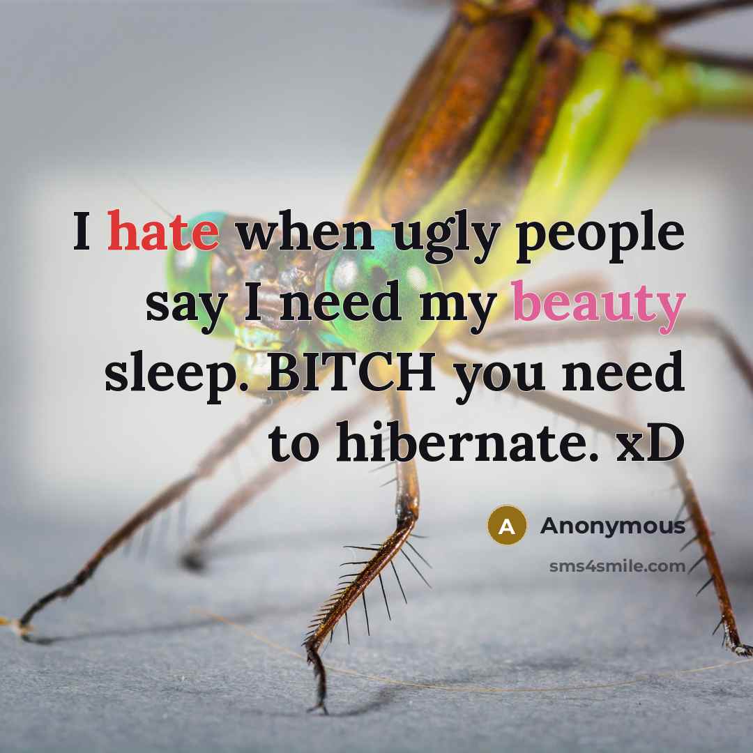 “I hate when ugly people say I need my beauty sleep. BITCH you need to hibernate. xD” quote by Anonymous