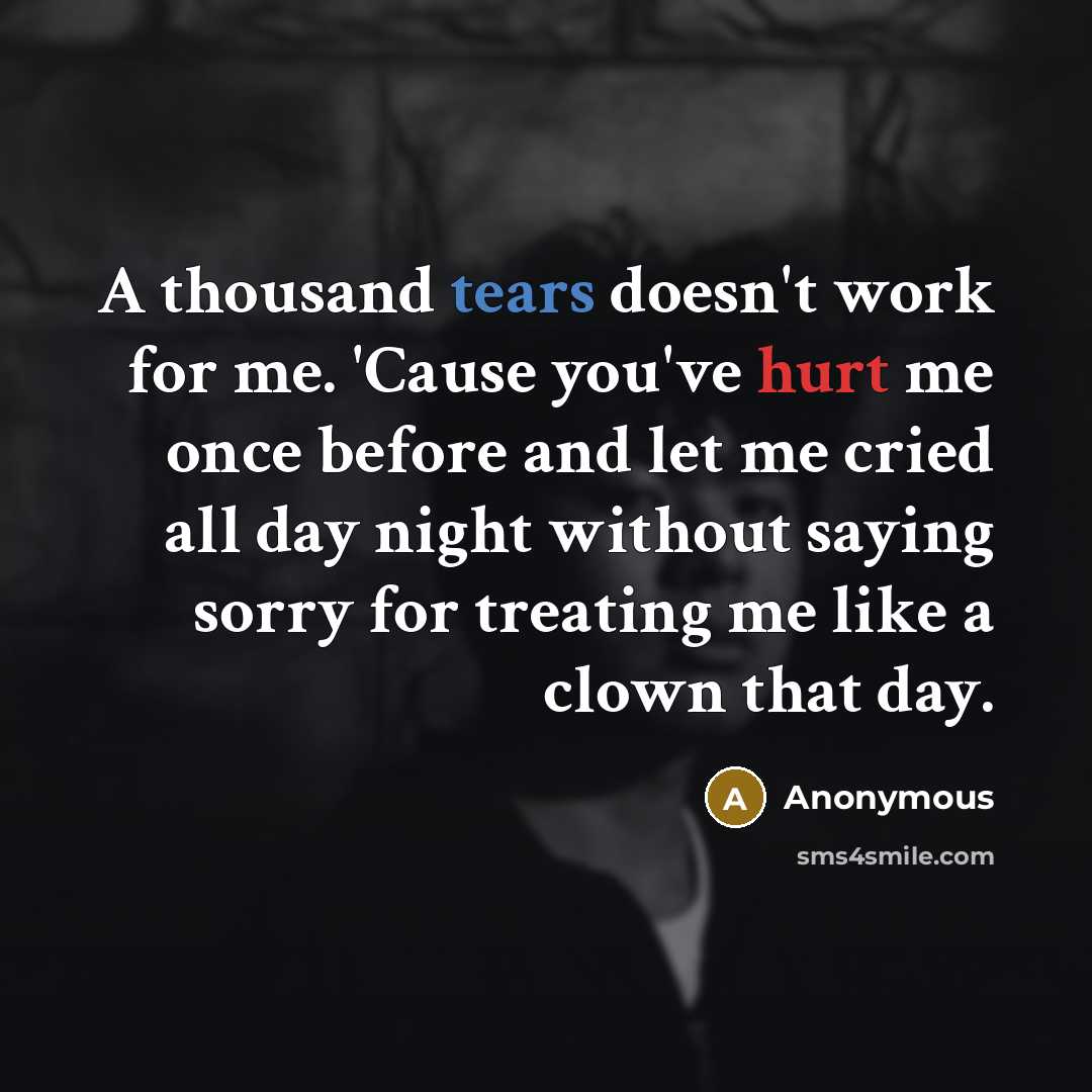 “A thousand tears doesn't work for me. 'Cause you've hurt me once before and let me cried all day night without saying sorry for treating me like a clown that day.” quote by Anonymous