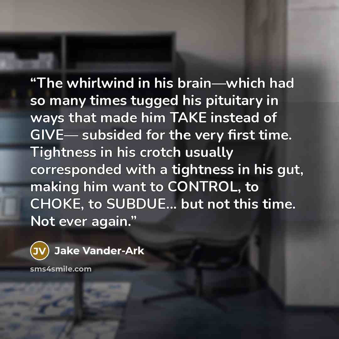 “The whirlwind in his brain—which had so many times tugged his pituitary in ways that made him TAKE instead of GIVE— subsided for the very first time. Tightness in his crotch usually corresponded with a tightness in his gut, making him want to CONTROL, to CHOKE, to SUBDUE... but not this time. Not…” quote by Jake Vander-Ark