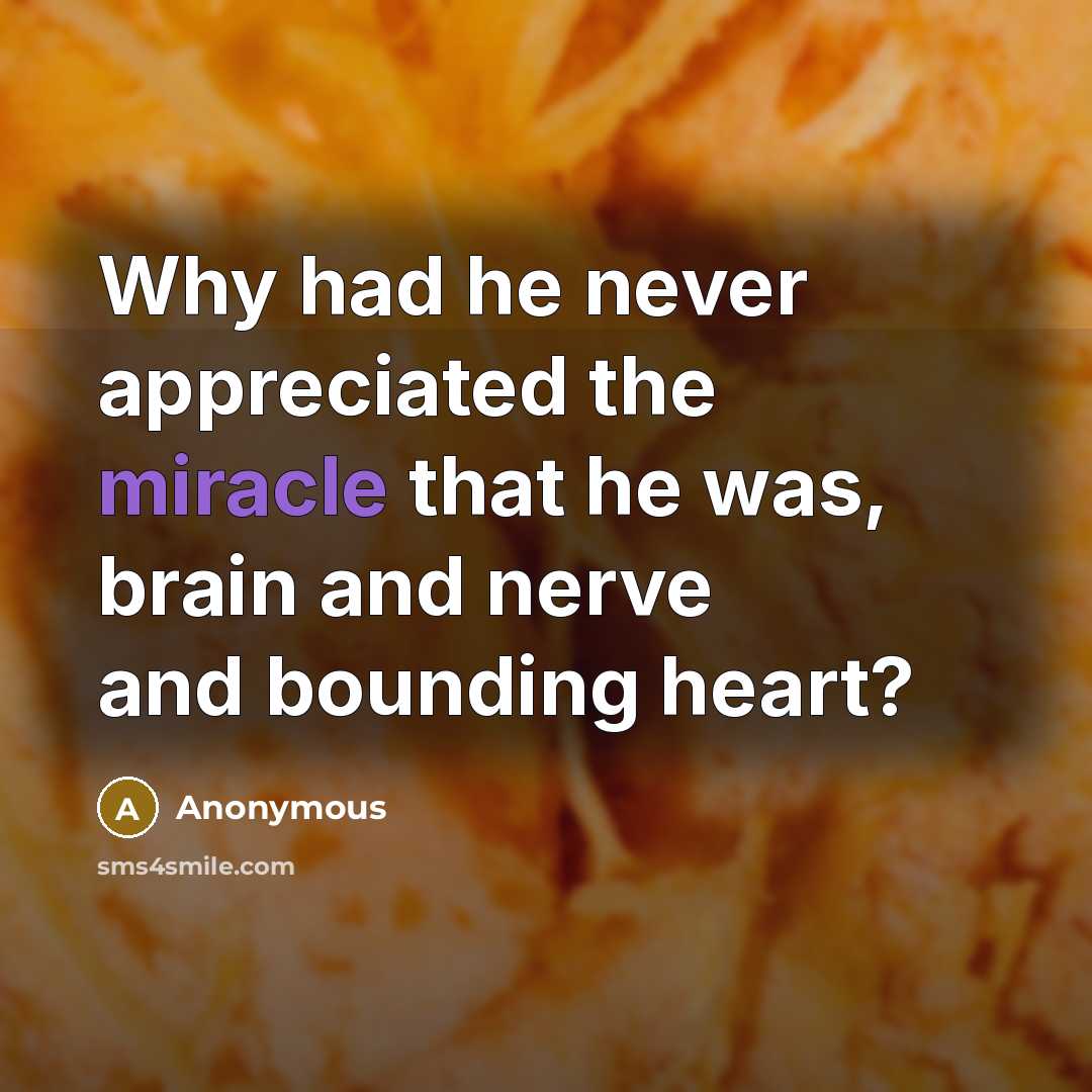 “Why had he never appreciated the miracle that he was, brain and nerve and bounding heart?” quote by Anonymous