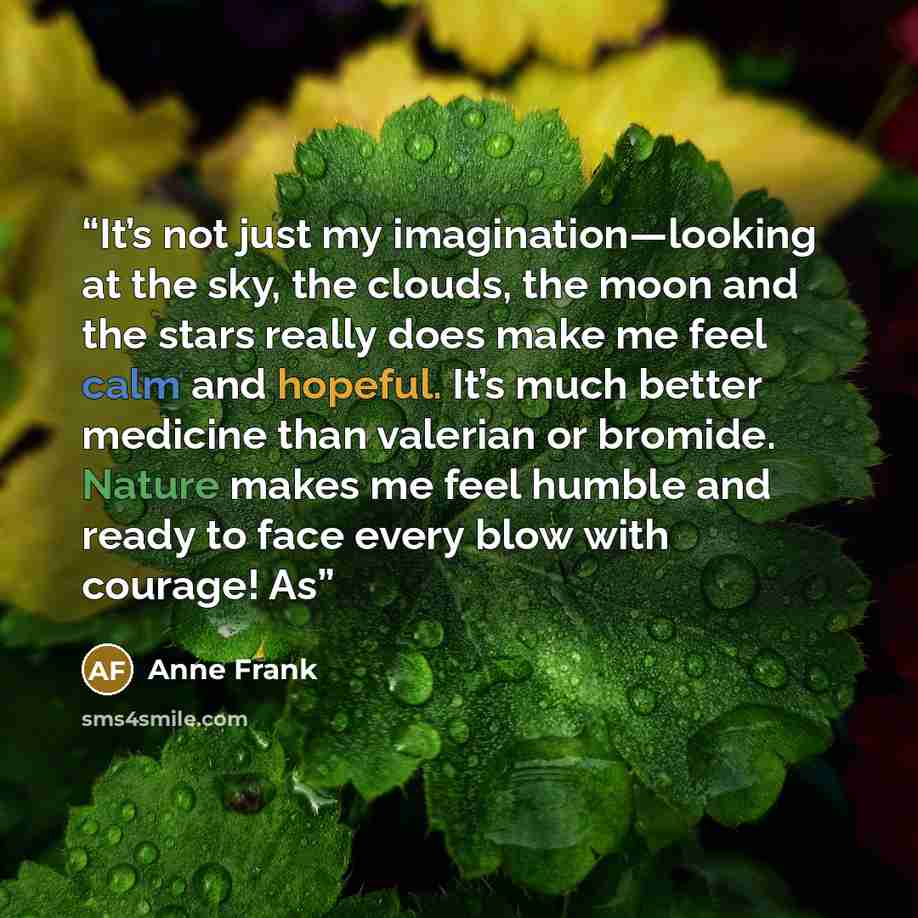 “It’s not just my imagination—looking at the sky, the clouds, the moon and the stars really does make me feel calm and hopeful. It’s much better medicine than valerian or bromide. Nature makes me feel humble and ready to face every blow with courage! As” quote by Anne Frank