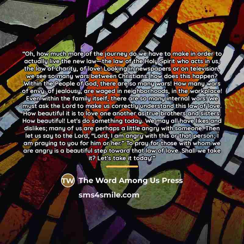 “Oh, how much more of the journey do we have to make in order to actually live the new law—the law of the Holy Spirit who acts in us, the law of charity, of love! Looking in newspapers or on television, we see so many wars between Christians: how does this happen? Within the People of God, there…” quote by The Word Among Us Press