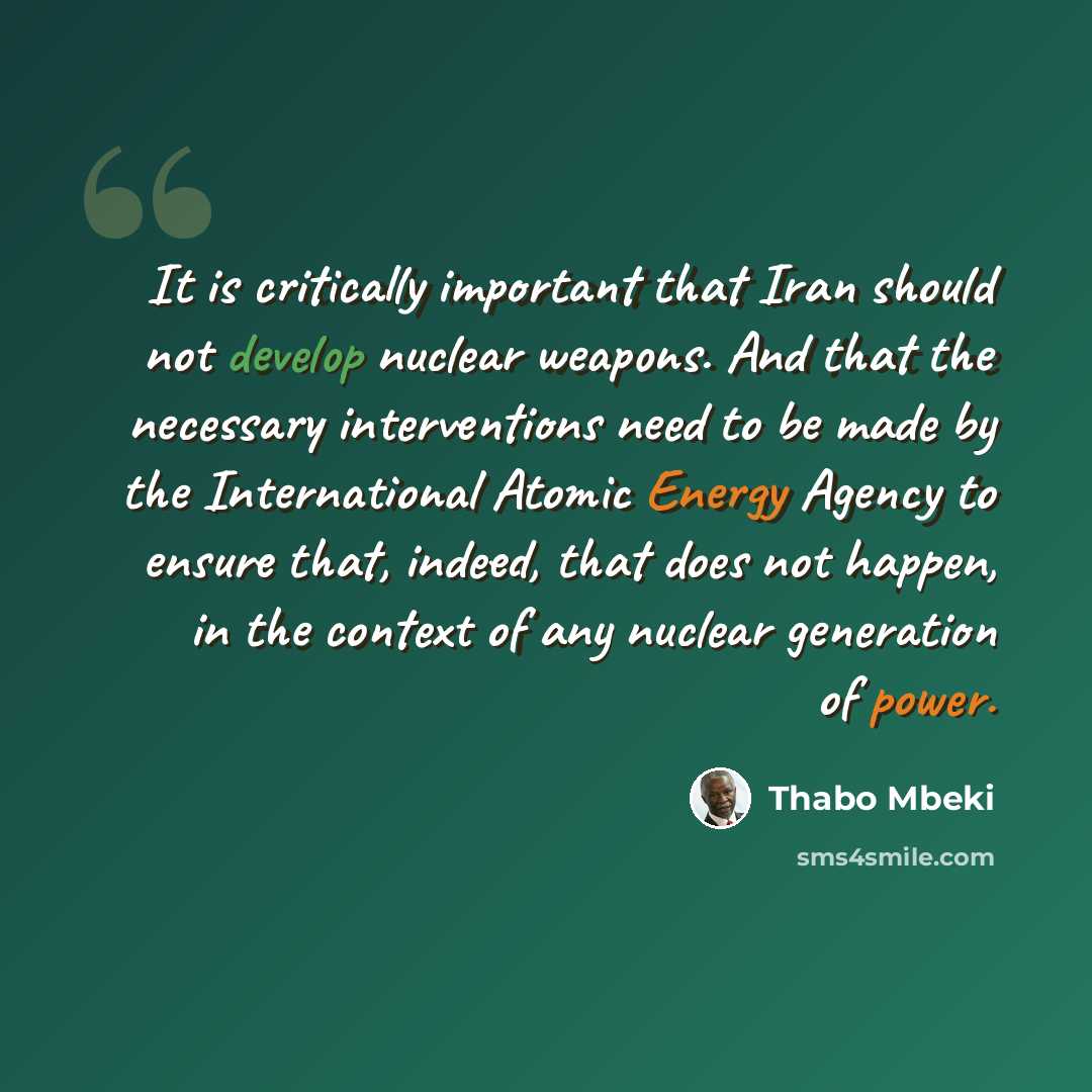 “It is critically important that Iran should not develop nuclear weapons. And that the necessary interventions need to be made by the International Atomic Energy Agency to ensure that, indeed, that does not happen, in the context of any nuclear generation of power.” quote by Thabo Mbeki