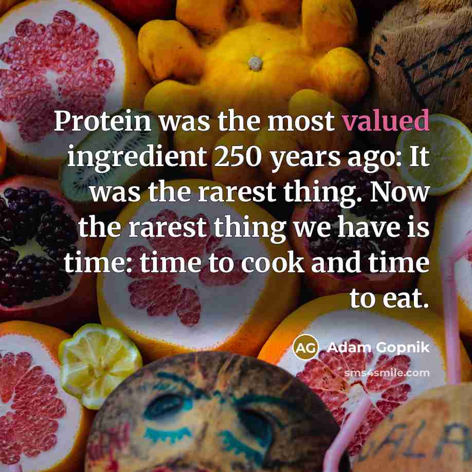 “Protein was the most valued ingredient 250 years ago: It was the rarest thing. Now the rarest thing we have is time: time to cook and time to eat.” quote by Adam Gopnik