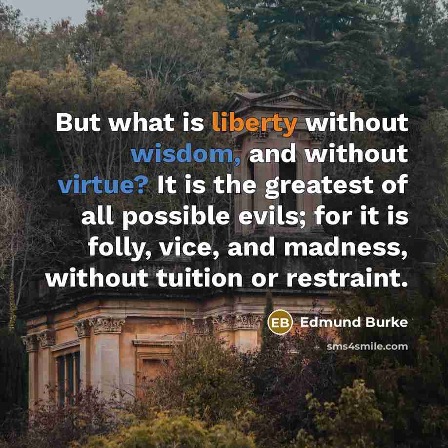 “But what is liberty without wisdom, and without virtue? It is the greatest of all possible evils; for it is folly, vice, and madness, without tuition or restraint.” quote by Edmund Burke