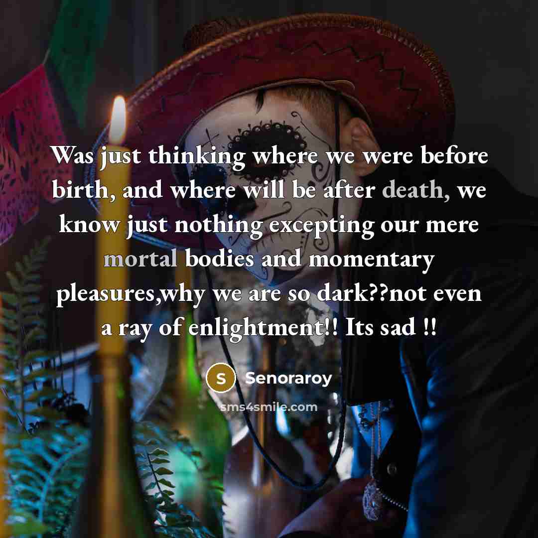 “Was just thinking where we were before birth, and where will be after death, we know just nothing excepting our mere mortal bodies and momentary pleasures,why we are so dark??not even a ray of enlightment!! Its sad !!” quote by Senoraroy