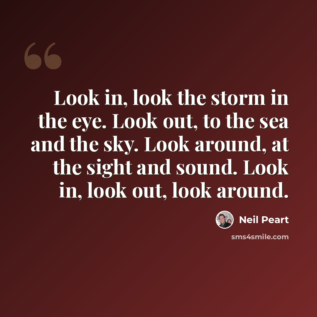 “Look in, look the storm in the eye. Look out, to the sea and the sky. Look around, at the sight and sound. Look in, look out, look around.” quote by Neil Peart