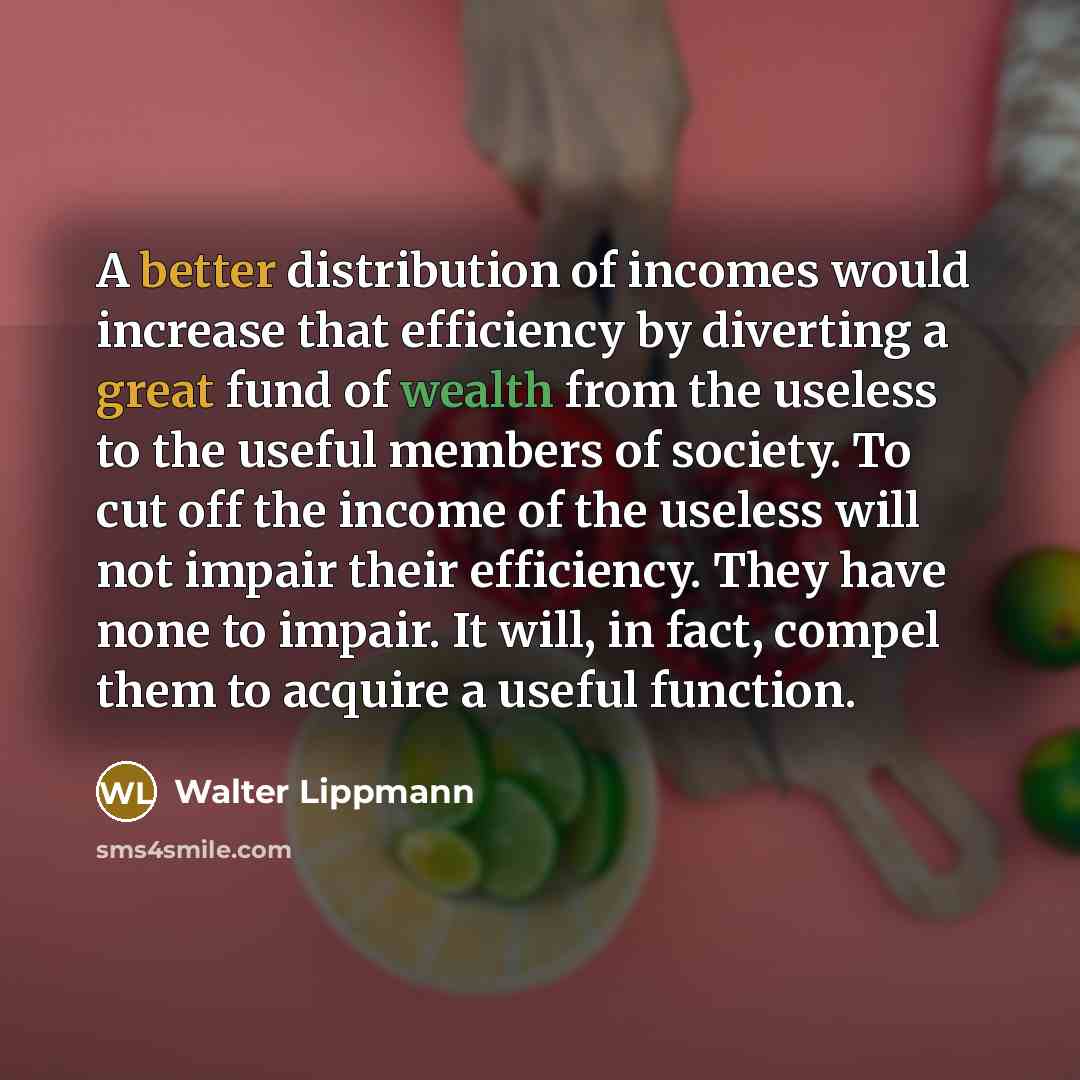 “A better distribution of incomes would increase that efficiency by diverting a great fund of wealth from the useless to the useful members of society. To cut off the income of the useless will not impair their efficiency. They have none to impair. It will, in fact, compel them to acquire a useful…” quote by Walter Lippmann