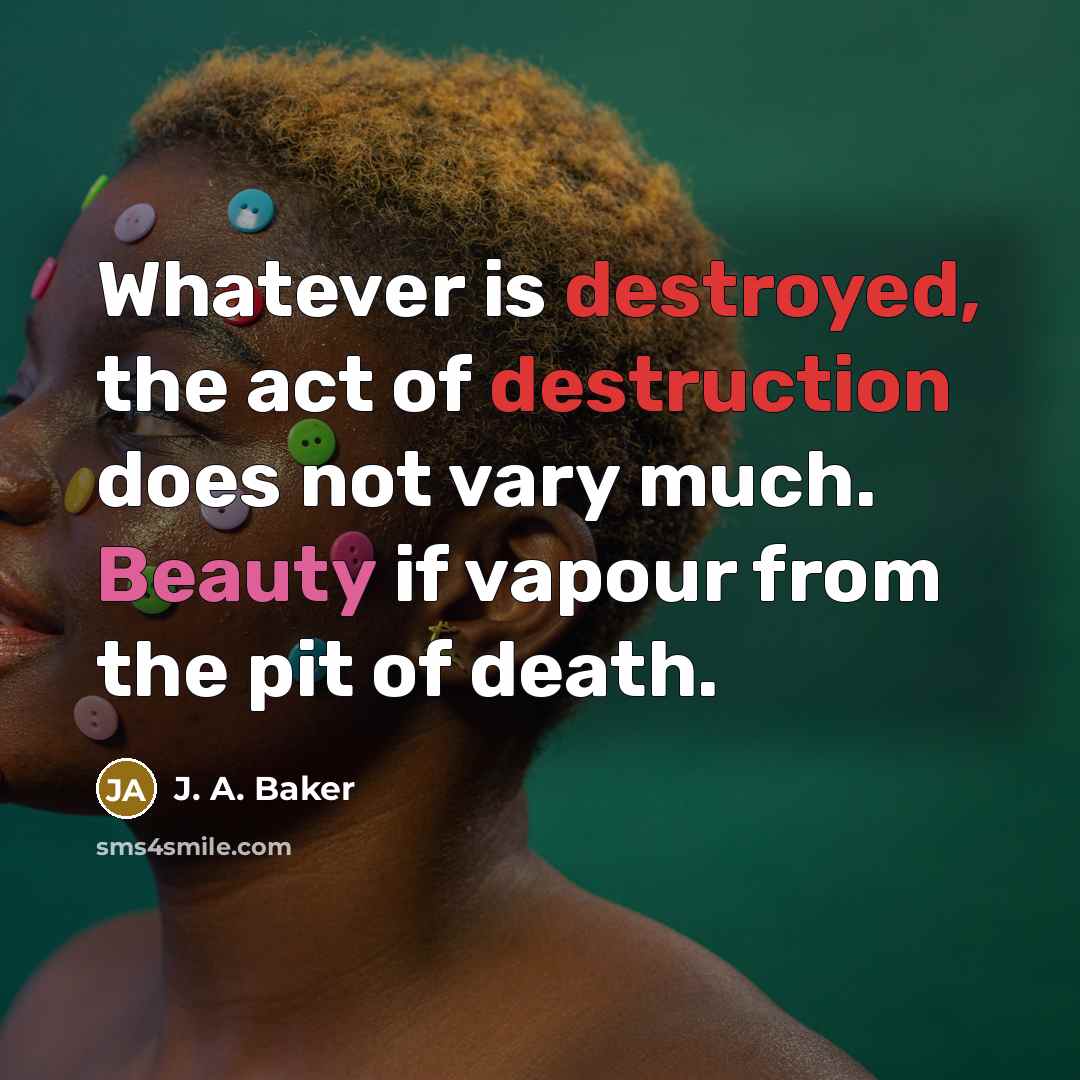 “Whatever is destroyed, the act of destruction does not vary much. Beauty if vapour from the pit of death.” quote by J. A. Baker